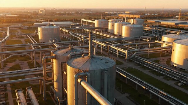 Industrial Storage Tanks and Pipes at Golden Hour Sunset