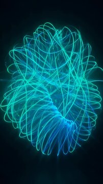 Neon cyan glowing energy sphere with swirling light particles, dynamic motion trails, futuristic digital orb, data visualization, cybernetic tech effect