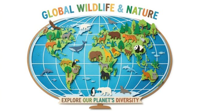 Global Wildlife and Nature Diversity Map Illustration