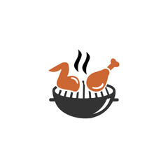 Fototapeta premium A minimalist graphic vector icon depicting a dark grey barbecue grill containing hot brown chicken pieces—a wing and a drumstick—with two wavy black steam lines rising between them, set against a clea
