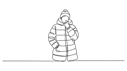 Continuous single line drawing of a person wearing a puffer jacket and winter hat isolated on a white background Vector, illustration © Sapna Rani