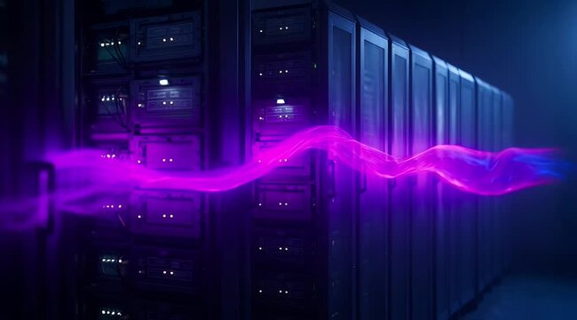 server rack in dark data center with flowing purple light effect representing high speed data transmission, cloud computing, cyber security