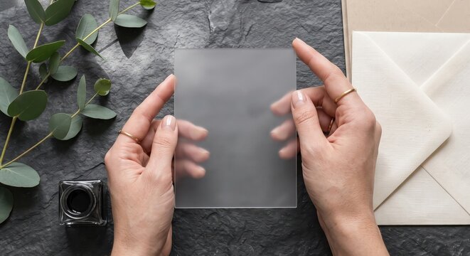 Elegant Hands Holding A Frosted Glass Card Above A Slate Surface With Eucalyptus Sprigs And Envelope For Minimalist Stationery Branding Mockup