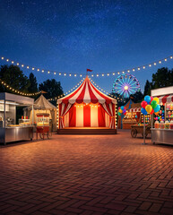 Empty night carnival festival with glowing circus tent, food stalls, and starry sky © vicky