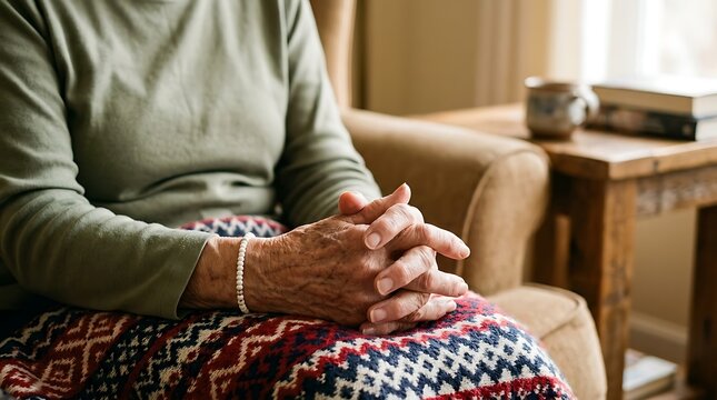 Elderly woman sitting on couch with hands clasped