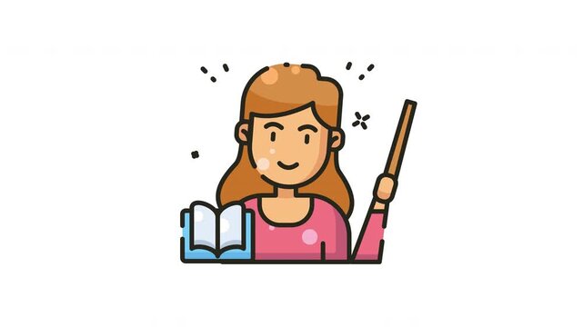 Animated Female Teacher Icon Holding Pointer and Book for Education