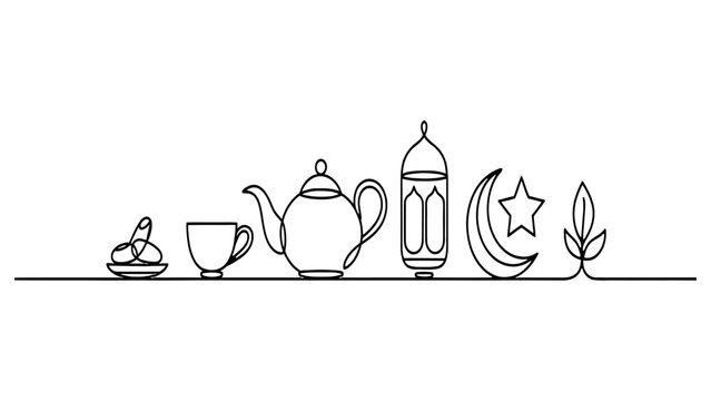 Continuous single line drawing of ramadan kareem symbols including teapot cup lantern moon star and dates isolated on a white background Vector, illustration