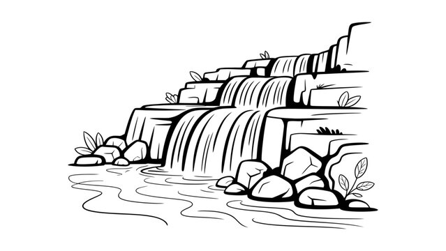 Black and white line art drawing of a beautiful waterfall cascading over rocks into a flowing river stream Vector, illustration