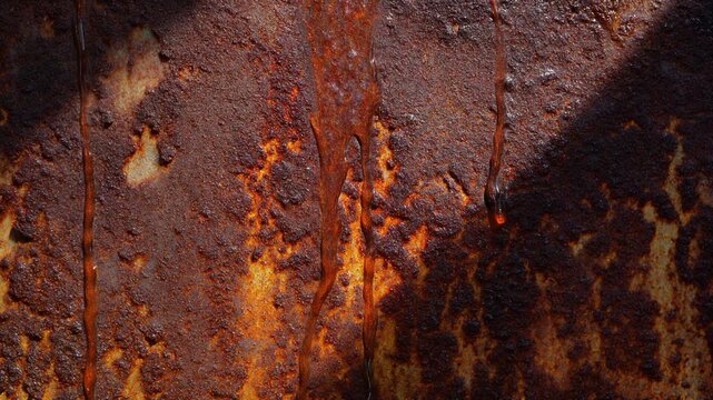 Water droplets trickle across weathered rusted metal, revealing corroded texture and grain under harsh side lighting with cinematic macro realism and industrial atmosphere.