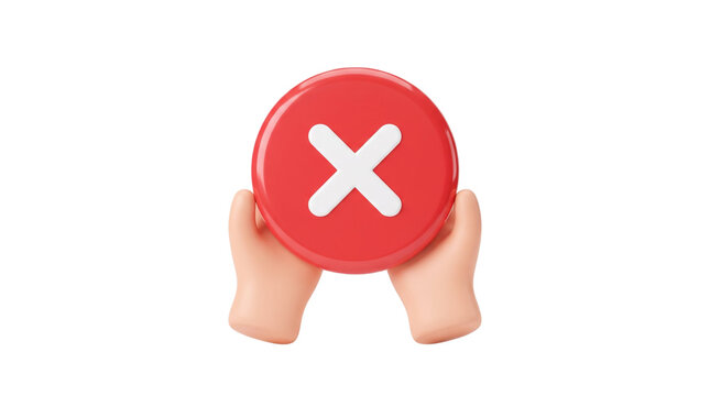 Realistic red cross cancel button held by hands showing rejection error denial warning isolated on white background