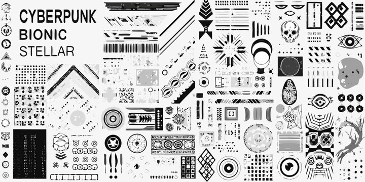 cyberpunk bionic stellar elements vector illustration black white futuristic technology space robotic mechanical digital pattern design graphic art icon symbol abstract geometric circle