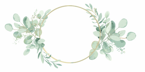 circular wreath with watercolor eucalyptus leaves on white background greenery floral circle frame botanical nature plant decorative ornament design pattern artistic soft pastel © Debashis