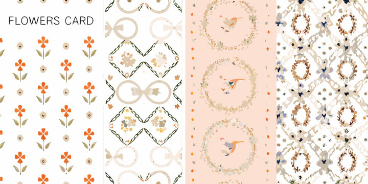 floral cards with vintage patterns and decorative wreaths flowers card ornate designs botanical motifs pastel colors retro style illustration vector art pattern design