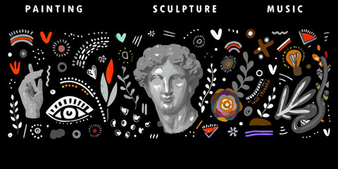art exhibition banner with sculpture painting music icons vector illustration graphic design culture creativity expression symbolism black background colorful elements abstract modern decorative © Debashis