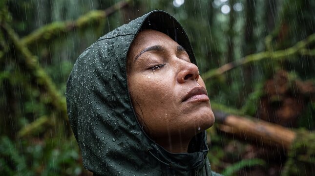 Female hiker with closed eyes feeling rain on face in dense forest