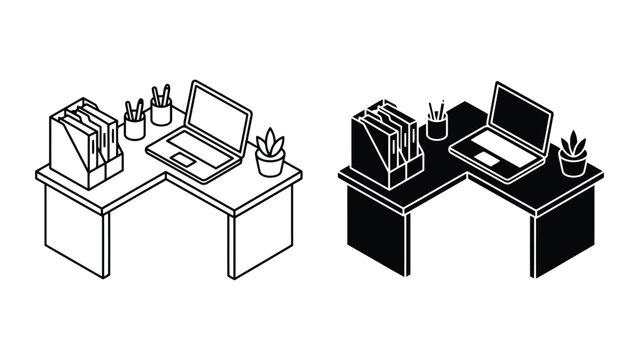 Modern office desk workplace isometric icon set with workplace, computer
