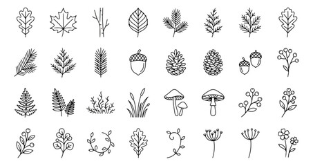 Minimalist forest icons set, 32 black line art autumn leaves and botanical elements, woodland nature vector graphics for seasonal branding © Muhammad