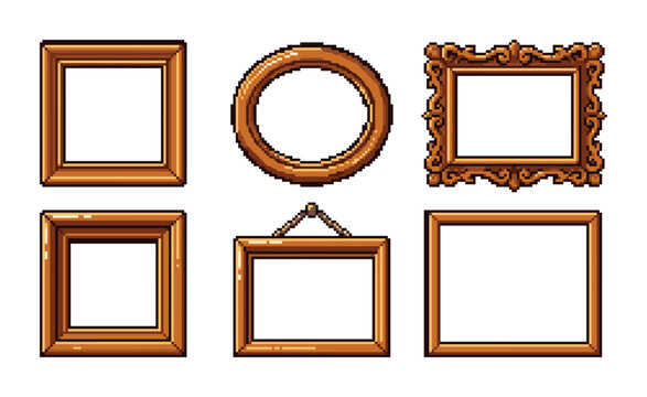Set of six pixel art wooden photo frames in various vintage styles