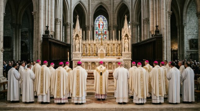 Catholic bishops and priests standing at the altar celebrating a formal mass inside a historic gothic stone cathedral
