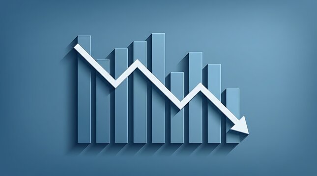 Blue bar chart showing a downward financial trend with a declining arrow