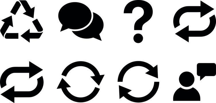 Minimalist Web UI Black Silhouette Icon Vector Set with Recycle Symbol Refresh Arrows Question Mark and Chat Speech Bubbles