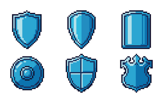 Set of blue pixel art defensive shield icons in various classic shapes