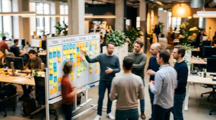 Obraz premium Agile team standing near kanban board with colorful sticky notes in open plan office.