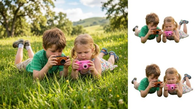 A young boy and girl lying on green grass in a park looking at their small digital cameras on a sunny summer day