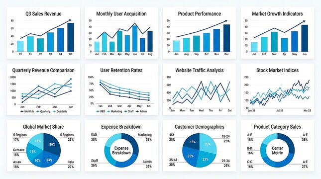 Set of business charts and graphs for data analysis and financial reporting
