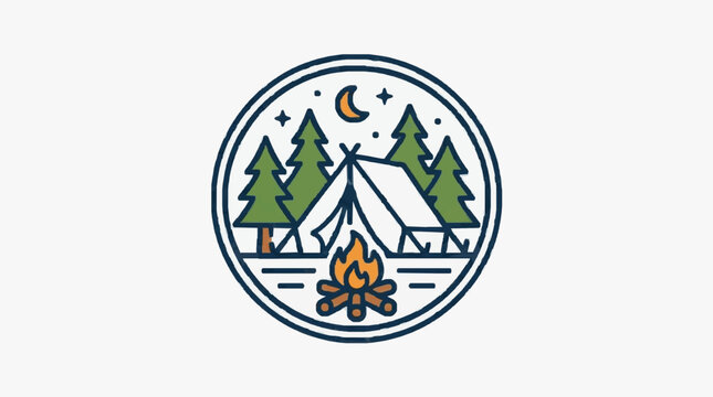 Camping illustration with tent fire and trees under moon.