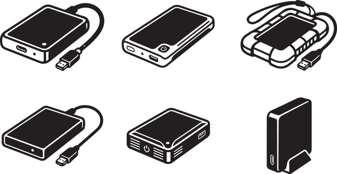 Assorted portable external hard drives and flash drives with cables Vector
