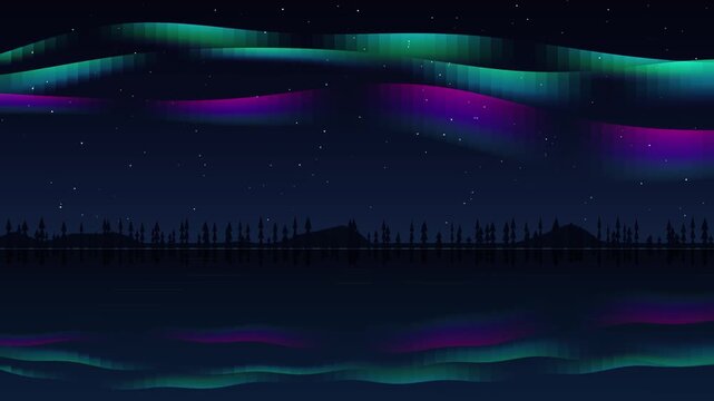 Vector illustration of teal, green and purple aurora borealis northern lights over a silhouette pine forest and hills with water reflections under a starry night sky in 4K resolution.