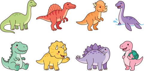 Cute Cartoon Dinosaur Vector Character Set Featuring Brachiosaurus, Triceratops, Stegosaurus, T-Rex, and Plesiosaurus for Kids Birthday Party and School Education Designs © Ismail