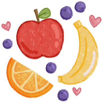This hand-drawn fruit illustration set features a textured red apple, banana, orange slice, blueberries, and cute pink hearts.
