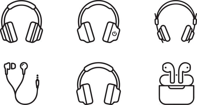 Six types of headphones and earbuds illustration set Vector
