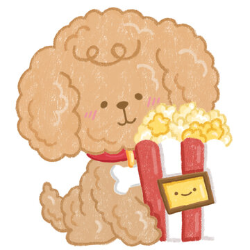 Adorable illustration features a fluffy brown poodle holding a bucket of popcorn, perfect for movie night crafts and pet-themed projects.
