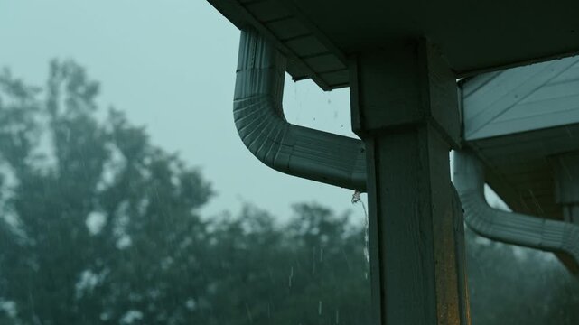 Close up view of Heavy rain water flowing from a roof drain during storm