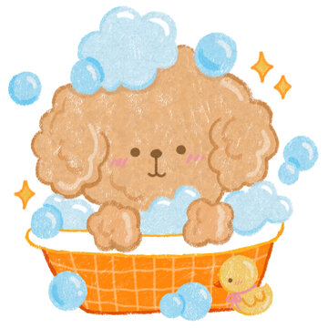 adorable illustration features a fluffy brown poodle taking a bubble bath with a yellow rubber ducky, perfect for pet care, grooming, and bath time crafts.
