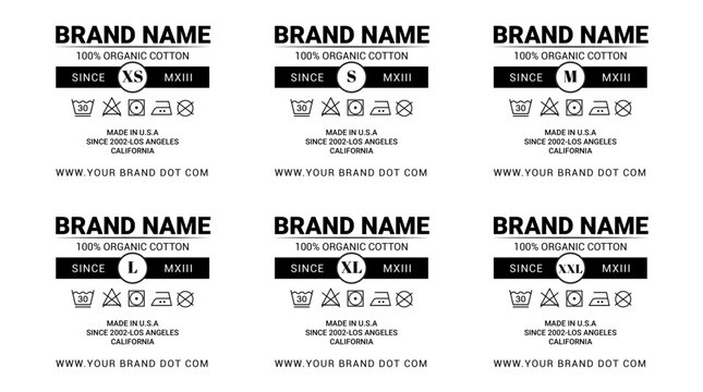 T-Shirt Clothing Care Label and Size Tag Vector Set
