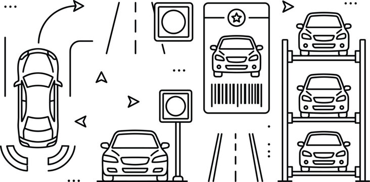 Automated smart car parking system outline icon set with multilevel storage tower ticket road lane and sensors