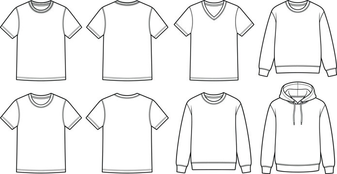 Blank apparel outline vector template set with t shirt sweatshirt hoodie v neck front and back mockup views