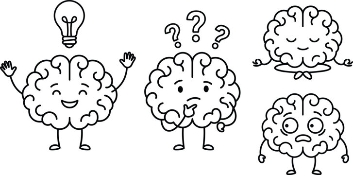 Brain character doodle set featuring creative thinking idea lightbulb confused question marks meditation and shocked face expressions icon.