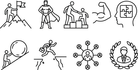 Business motivation and leadership icons set superhero mountain flag laurel wreath puzzle mind strength outline line vector © MD