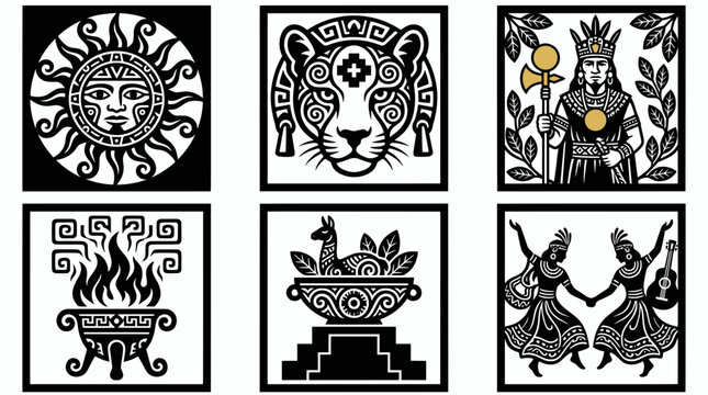 Set of six Andean cultural icons with sun god, jaguar, warrior, fire, llama, and dancers