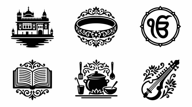 Six ornate black silhouettes and traditional icons representing Indian culture, religion, and lifestyle