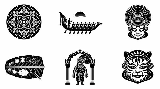 Six black and white vector icons for Kerala Onam festival celebration featuring snake boat, Kathakali mask, and traditional food.