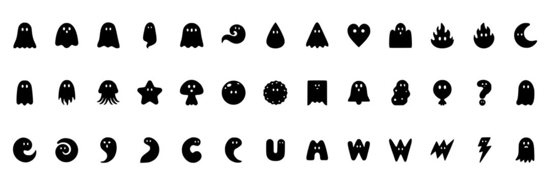 Ghosts and Symbols in Black Silhouettes Forming a Whimsical Alphabet and Icon Set Featuring Ghost, Symbol, Silhouette with Design