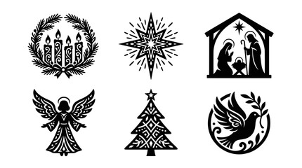 Obraz premium Set of Christian Christmas icons featuring nativity, angel, dove, tree, advent candles, and star of Bethlehem.