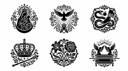 Obraz premium Set of black religious and royal icons featuring virgin mary, dove, crown, snake, and ark of the covenant.