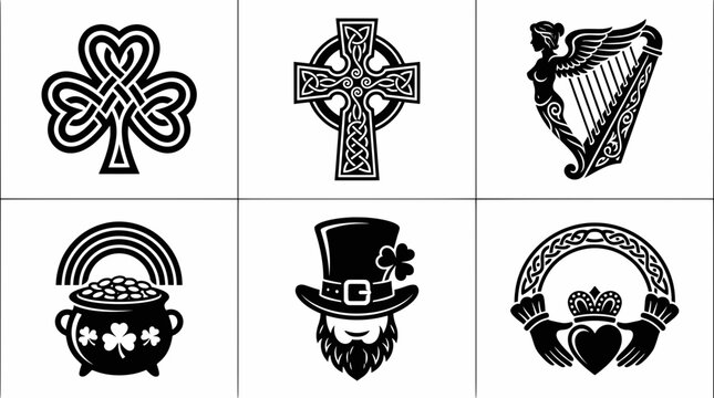 Six Irish Celtic vector icons: shamrock, cross, harp, pot, leprechaun, Claddagh. Perfect for St. Patrick's Day, culture, and heritage designs.